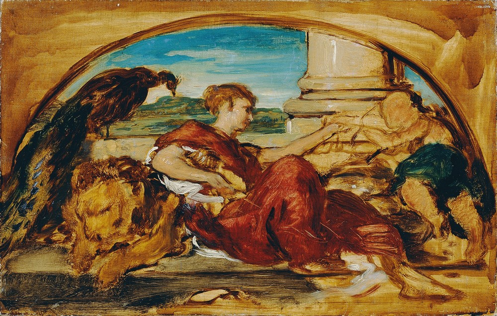 Allegorische Figur mit Löwe und Pfau