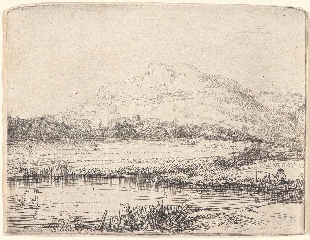 Canal with an Angler and Two Swans