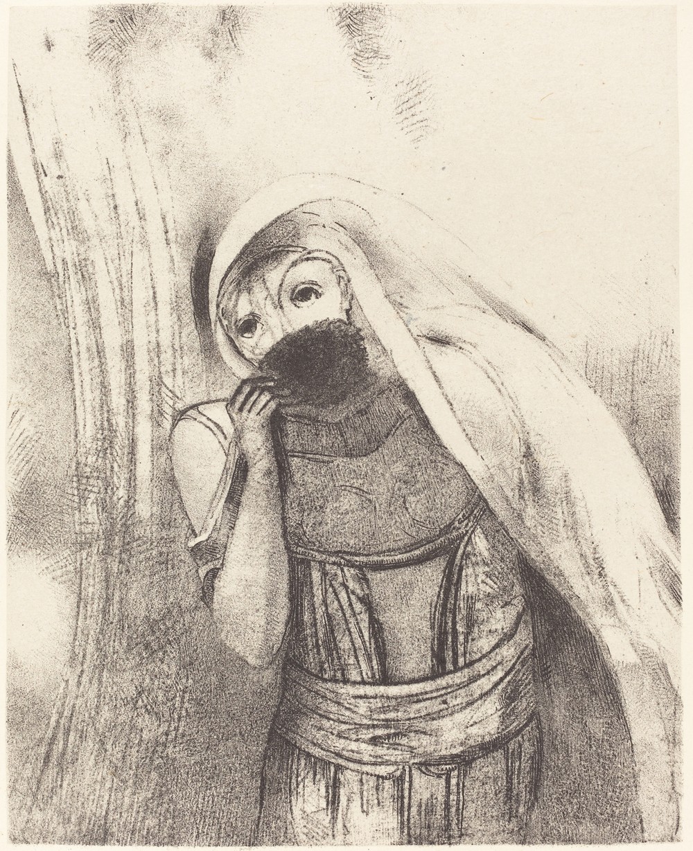 Elle tire de sa poitrine une eponge toute noire, la couvre de baisers (She draws from her bosom a sponge, perfectly black, and covers it with kisses)