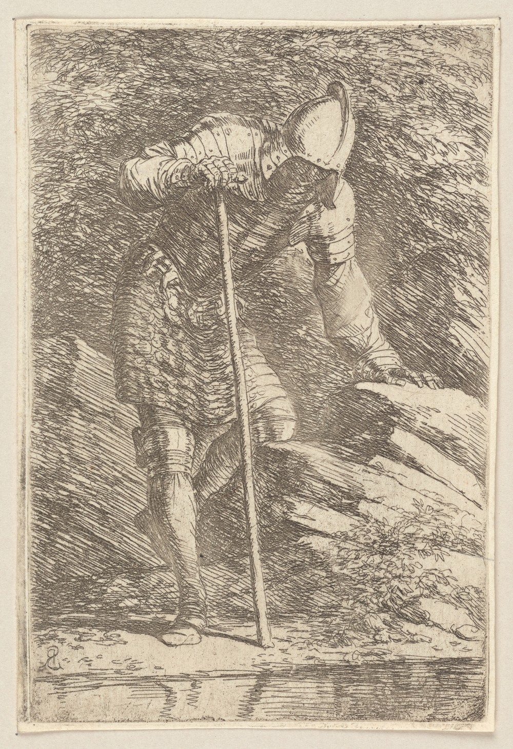 Soldier in Helmet and Armor Regarding a Stream